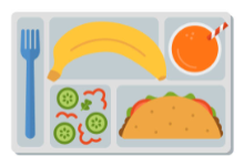 School lunch tray with fork, banana, orange juice, taco and vegetables