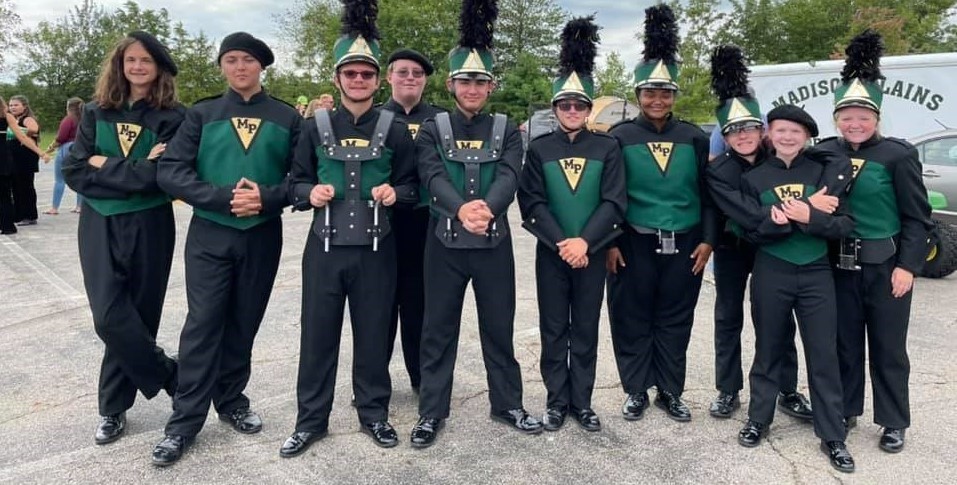 Part of our marching band, in uniform and ready to perform.