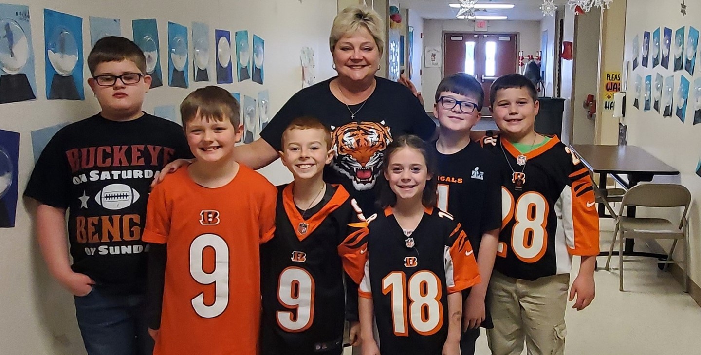 Mrs. Thompson and some student Bengel fans geared up for the Super Bowl.